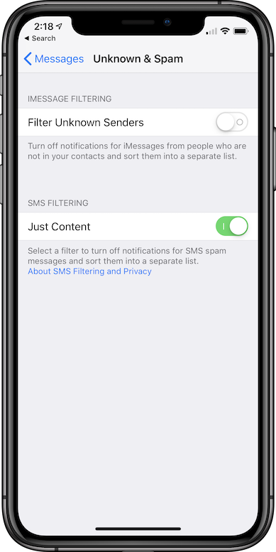Turn on Just Content in SMS Filtering
